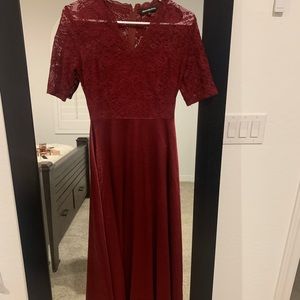 Red/Burgundy bridesmaid or prom dress. Hemmed to fit 5’2” with heels